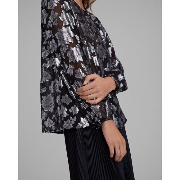 NWT Club Monaco black & silver metallic fibre burnout floral print sheer blouse - Picture 4 of 16